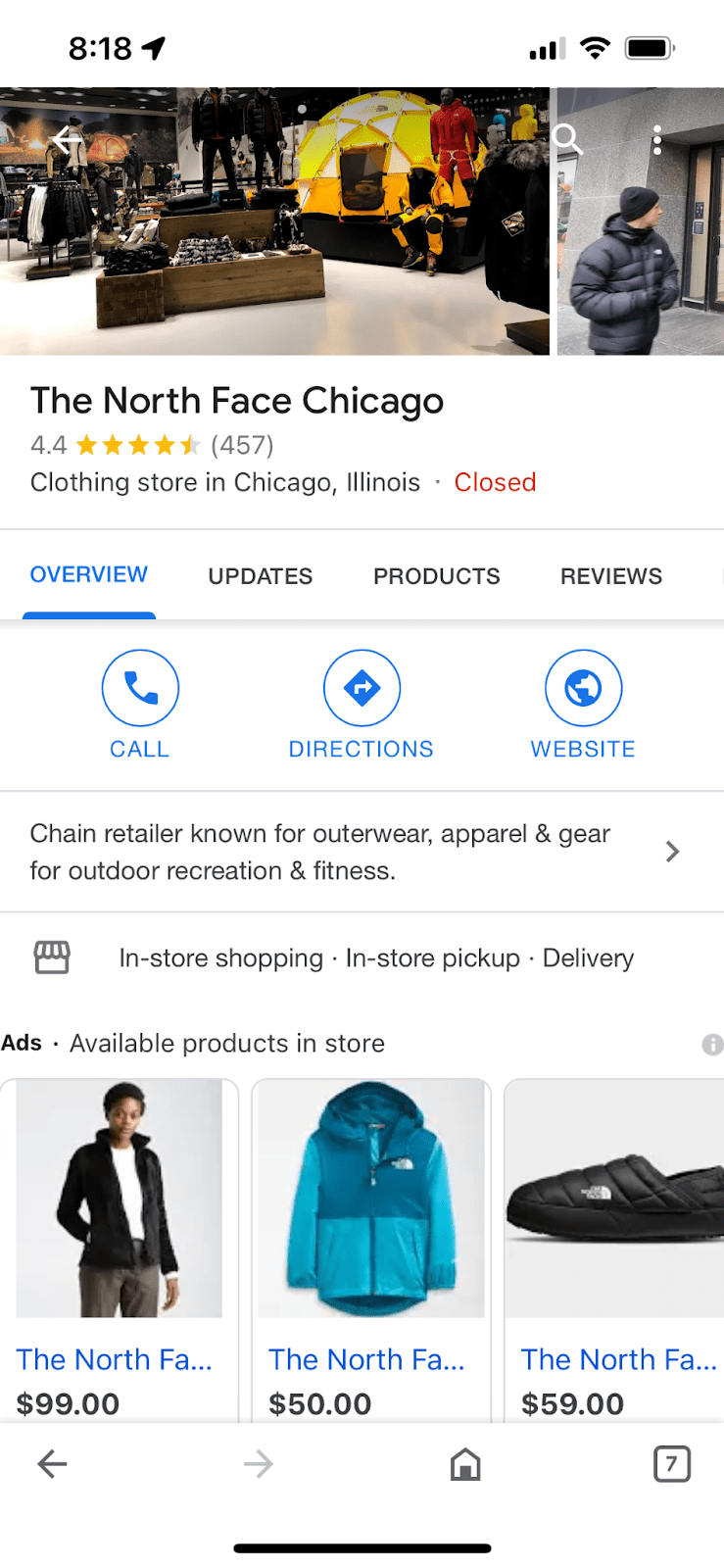 Screenshot of a local The North Face store on Google