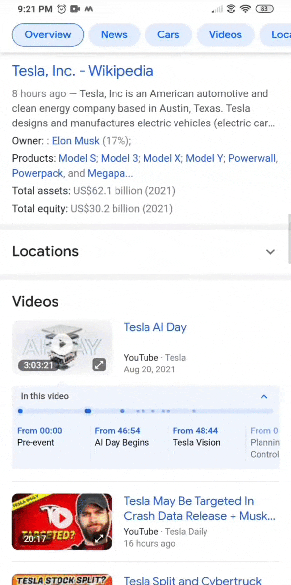 gif of Google's Local Pack for Tesla in Google Search