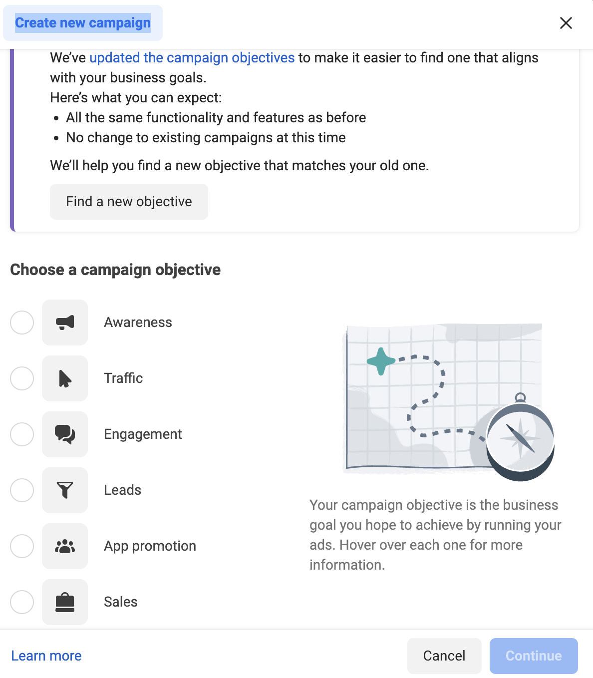 A screenshot from Meta Ads Manager showing the six main objectives for ad campaigns