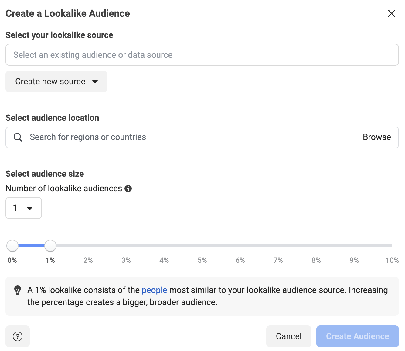  A screenshot from Meta Ads Manager showing how to create a lookalike audience
