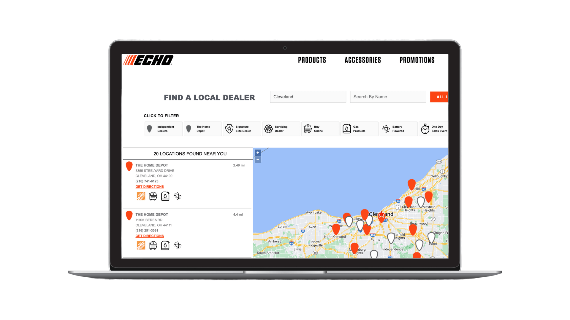 Example of Echo’s dealer locator that shows multiple dealer locations on a map in Cleveland, OH, along with a list of dealers and retailers and their business information