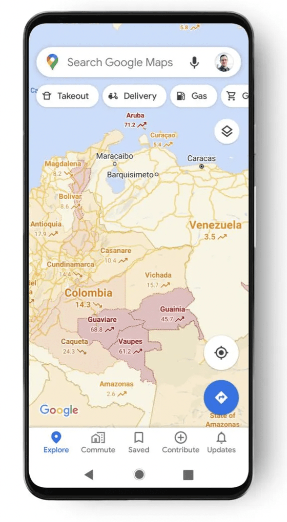 An I-phone showing a Google Map without the COVID-19 layer