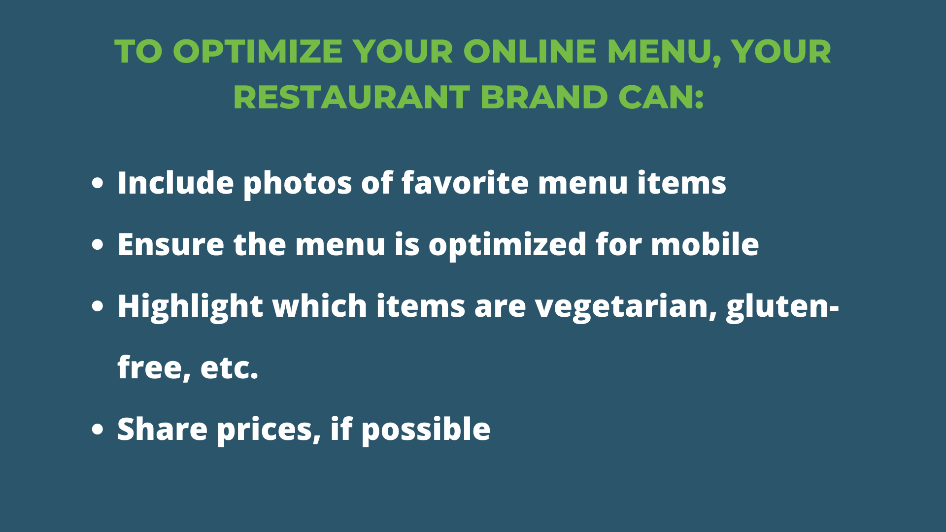 A navy blue box with a green title "To Optimize Your Online Menu, Your Restaurant Brand Can:" with white bulleted text underneath