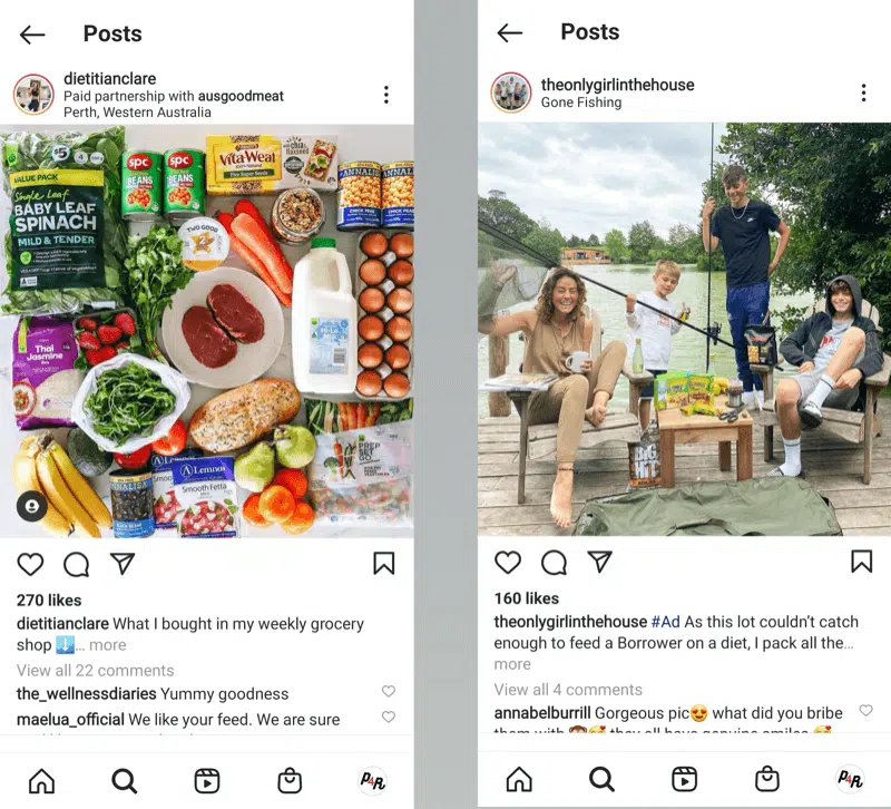 Two side-by-side images of instagram posts using the paid partnership tagging and one with a #ad 