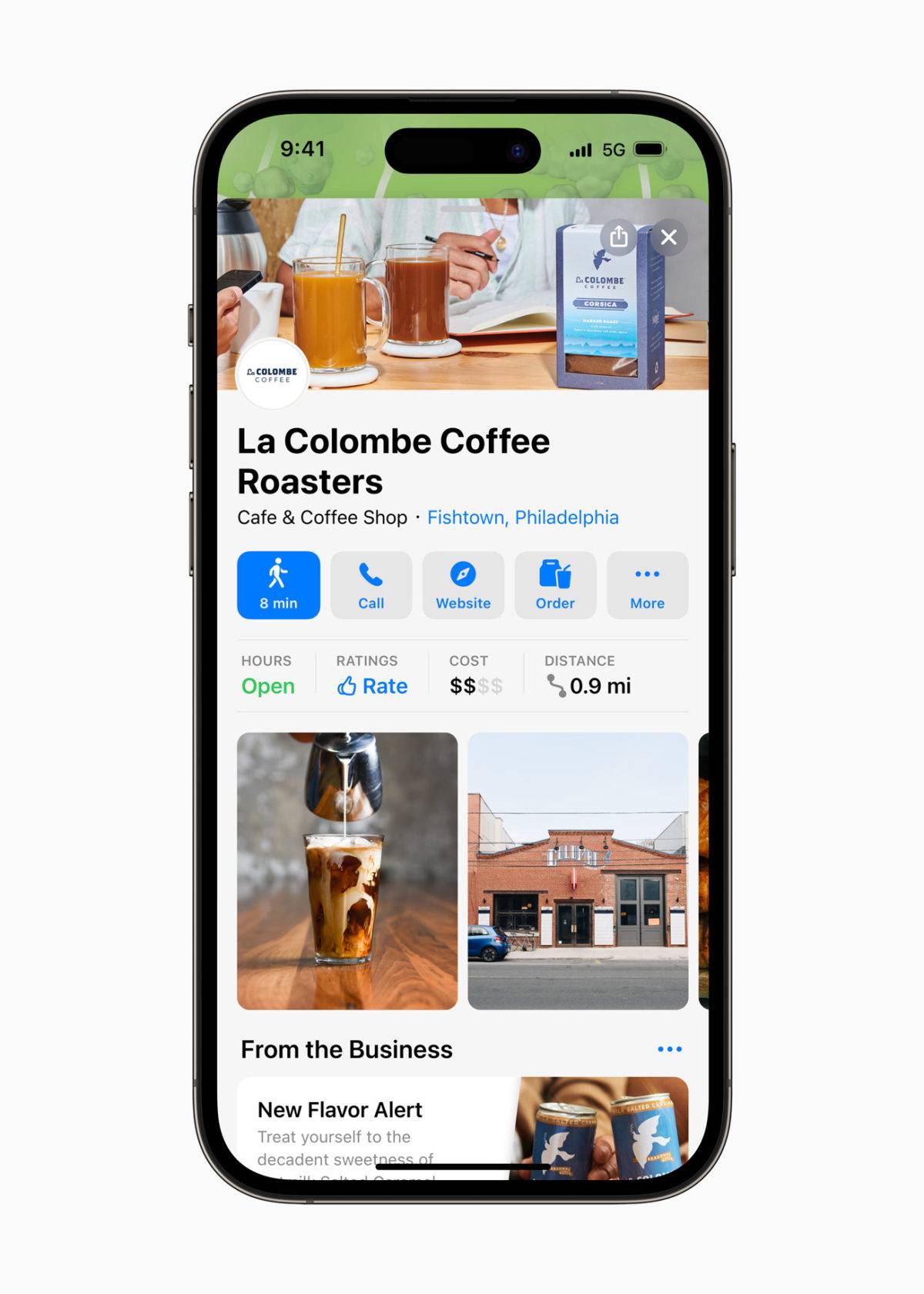 An image of an iphone showing an "Apple placecard" or listing for for La Colombe Coffee Roasters