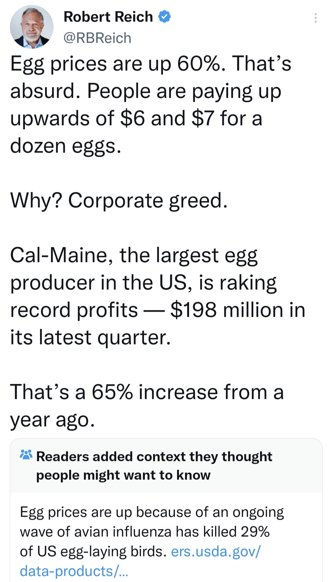 An image of a tweet from Robert Reich discussing why egg prices are up 