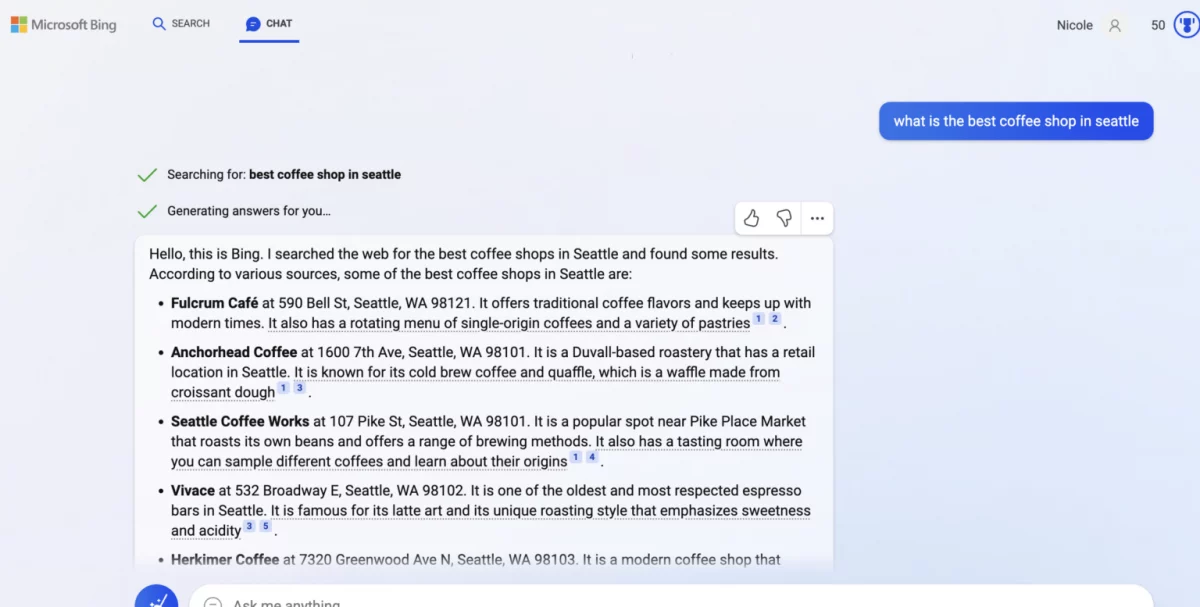 Screenshot of chat interface in Edge browser depicting new AI technology