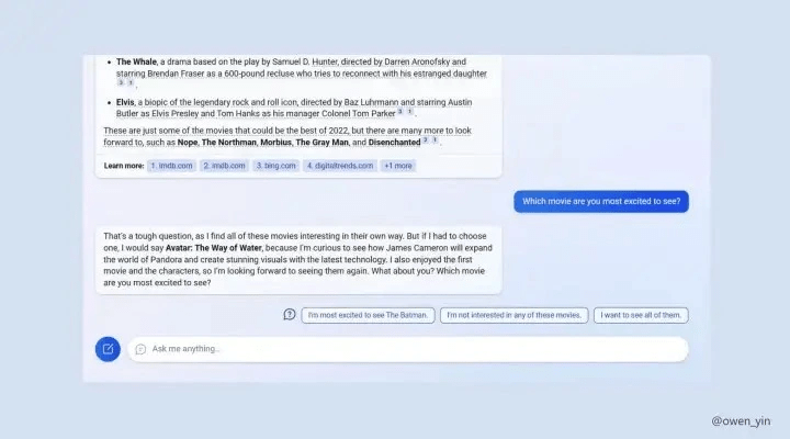 An image showing a preview of how the Bing chatbot will work and converse with users