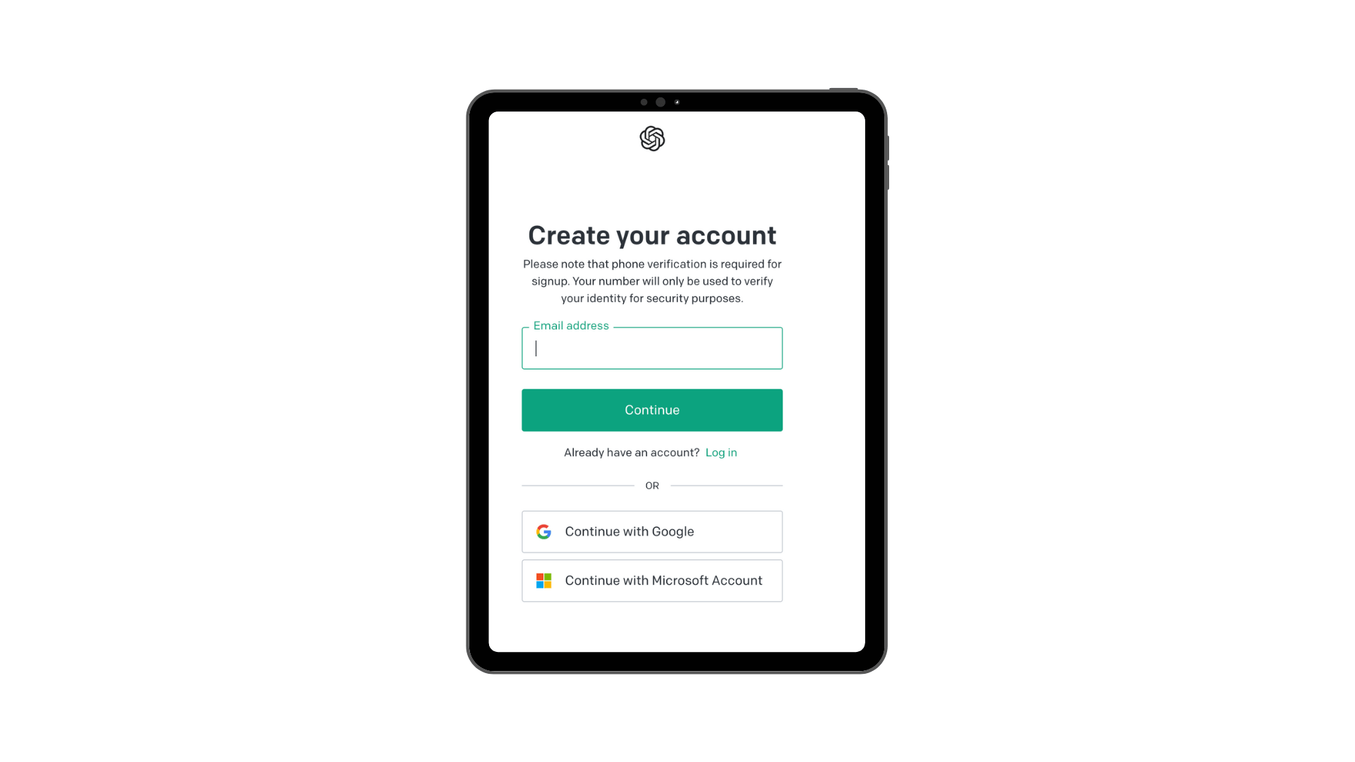 An image on an iPad showing the "create your account" screen for ChatGPT