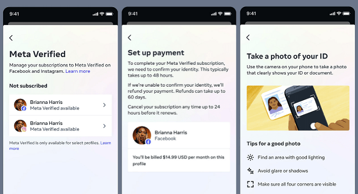A series of 3 images showing how you can manage Meta verified, set up payment, and take a photo of your id