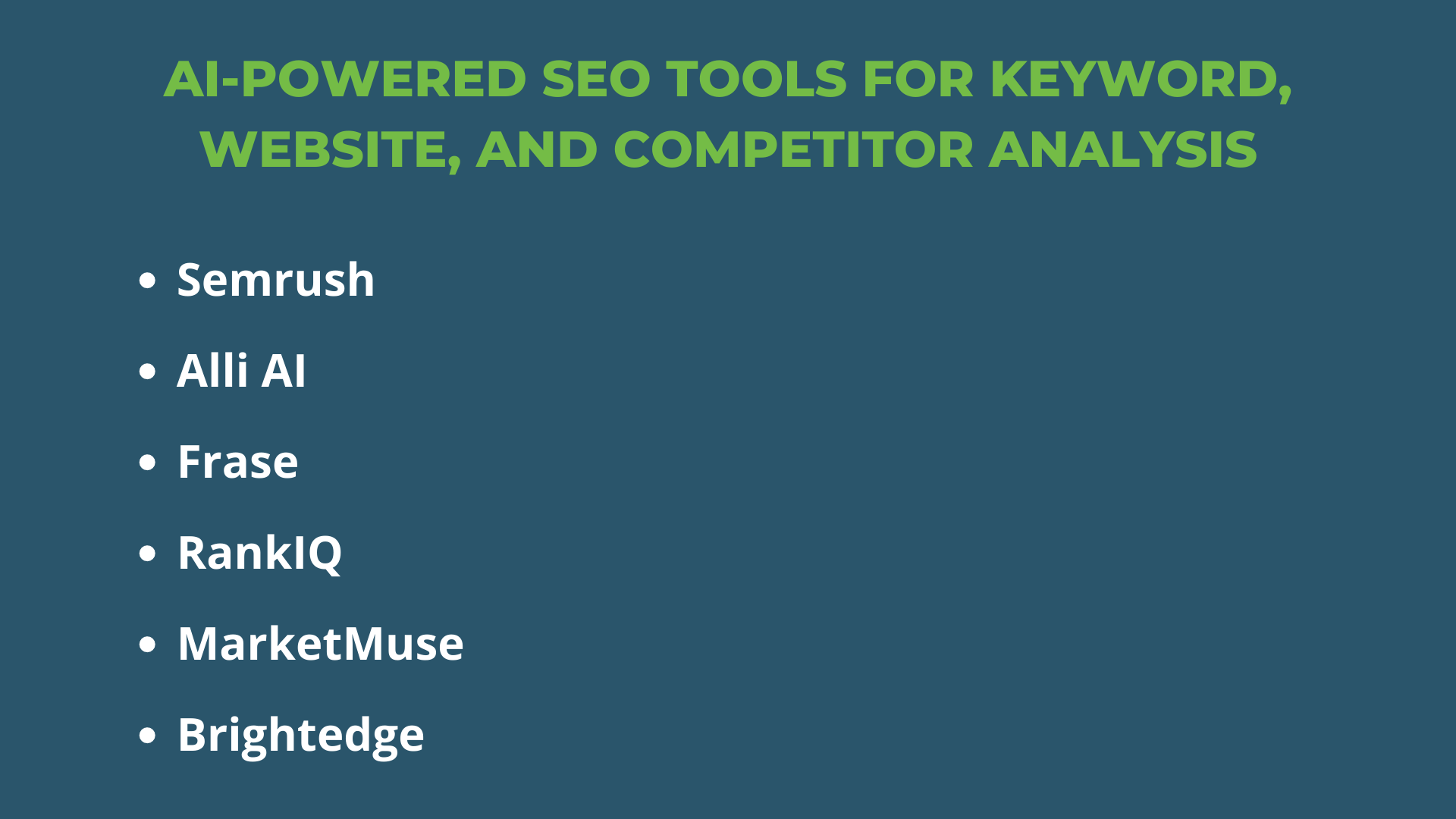 Green-text header and white bullet points of AI-Powered SEO Tools on a navy background