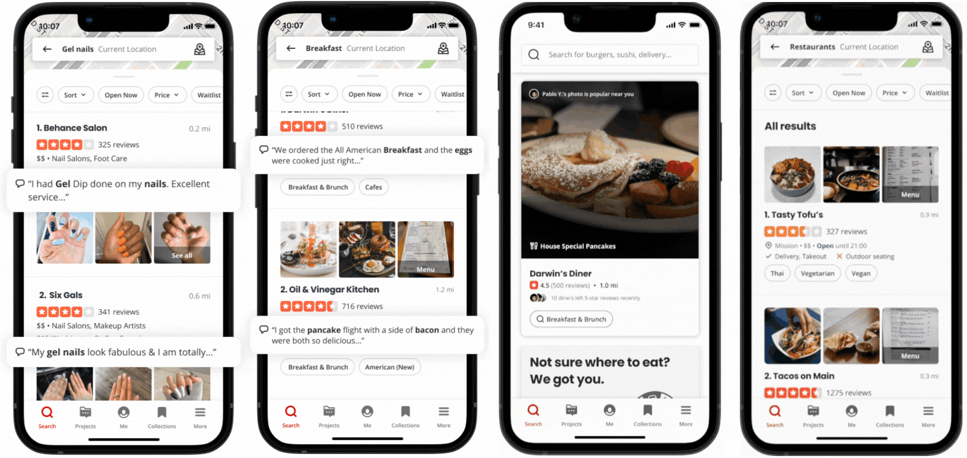 A GIF showcasing the different Yelp AI enhancements on multiple phone screens