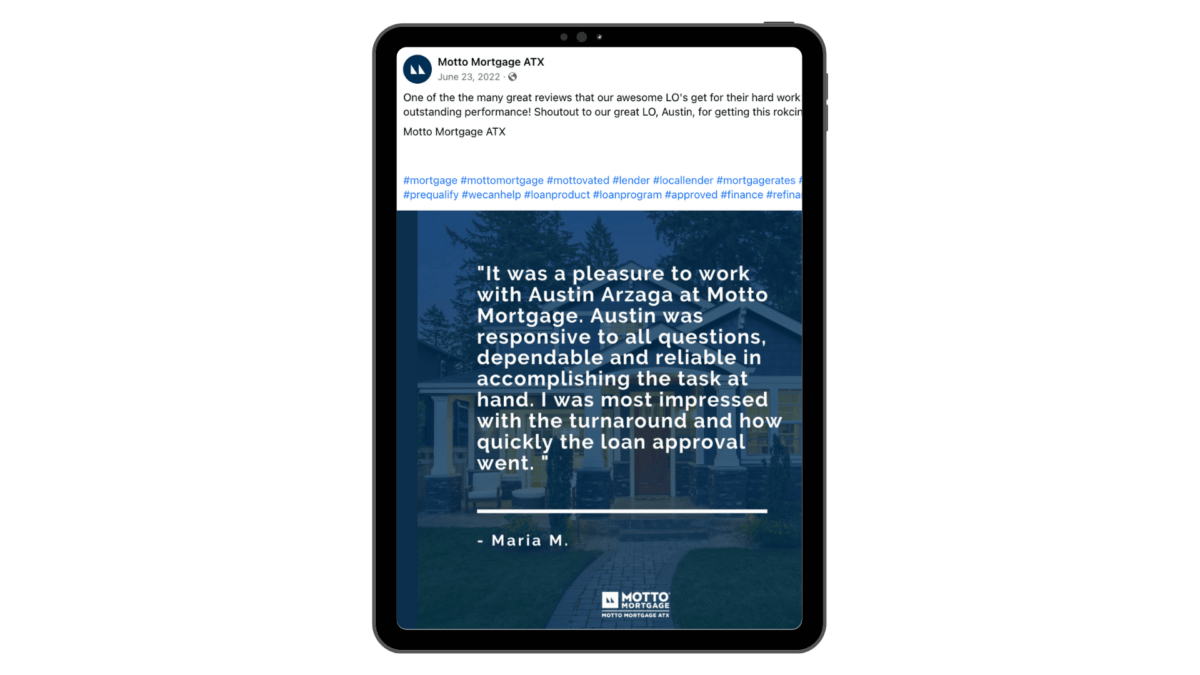 Social media post of an online review for Local Motto Mortgage overlaid on a vertical tablet.