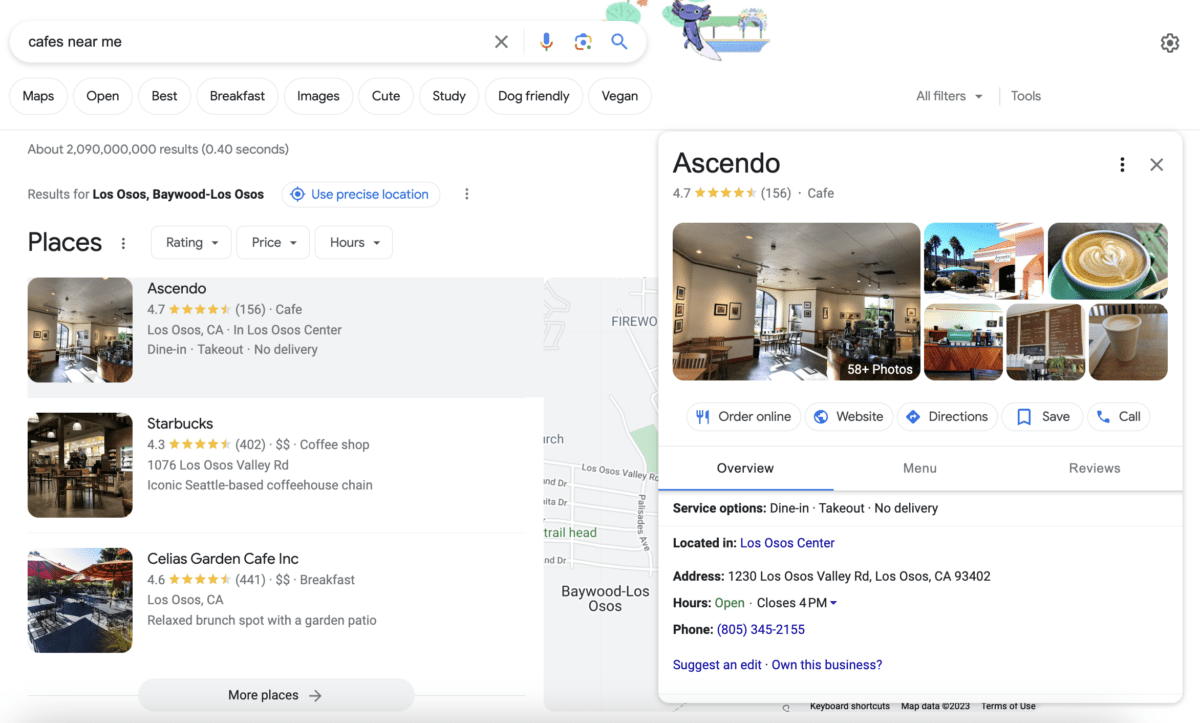 Popup Business Profile for a places search in the Local Pack map