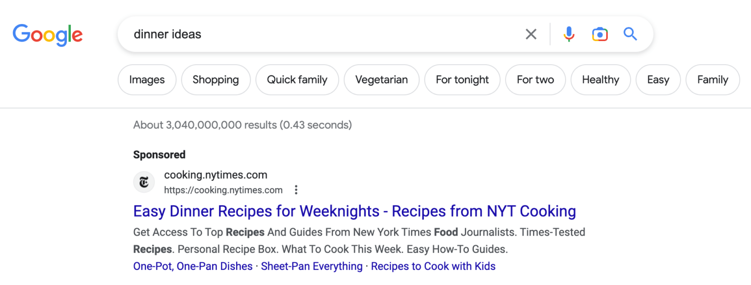 An image showcasing Google's related topics for the search "dinner ideas"