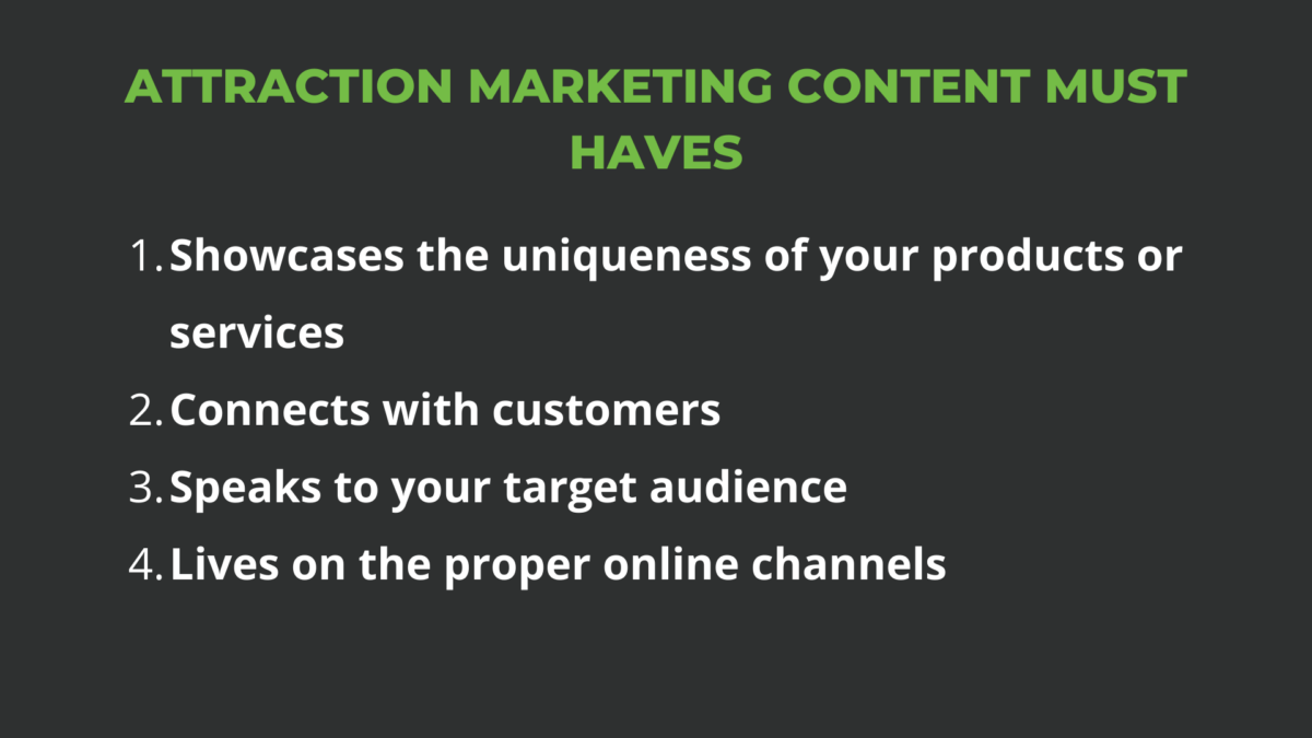 White bullet-point list of attraction marketing must-haves on a black background with a green header