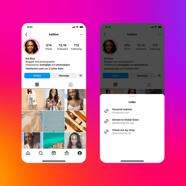 iPhone screenshots of Instagram showing the new feature of adding up to five links in bios.