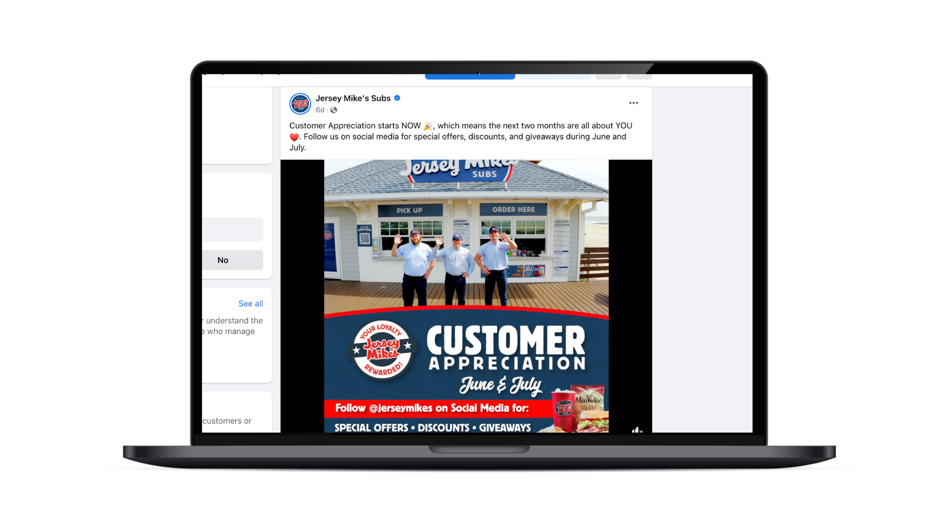 A customer appreciate social post on Facebook from one of Jersey Mike's Sub's local stores