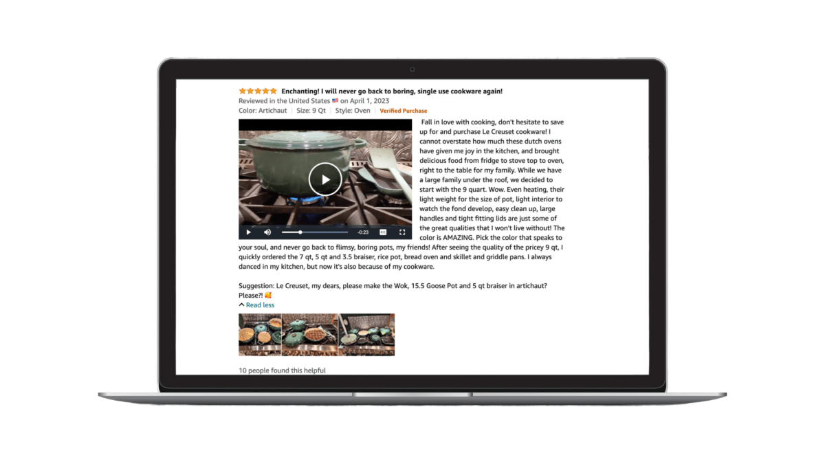 Image of an Amazon online review of a Le Creuset pot with a video, images, and written review