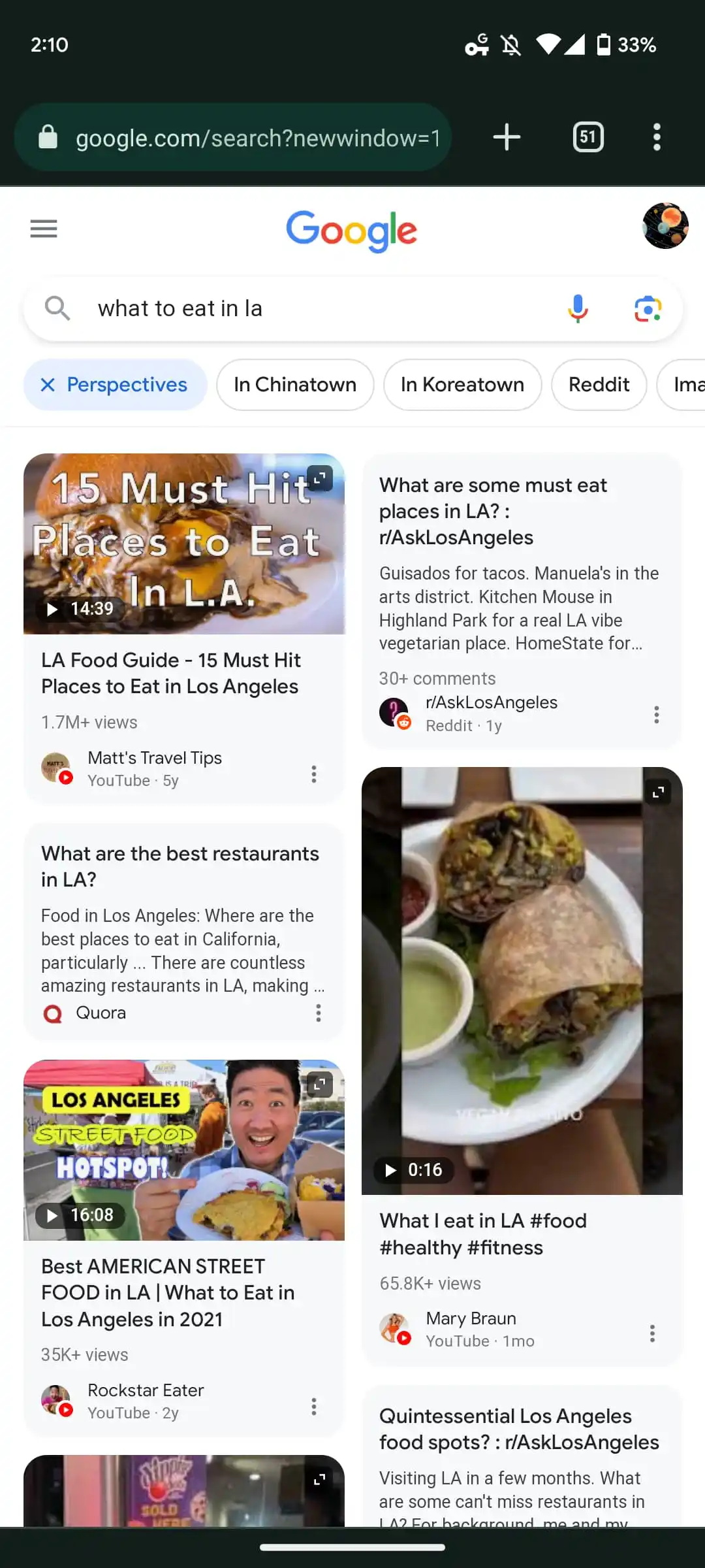 An image showing Google perspectives for the query "what to eat in LA"