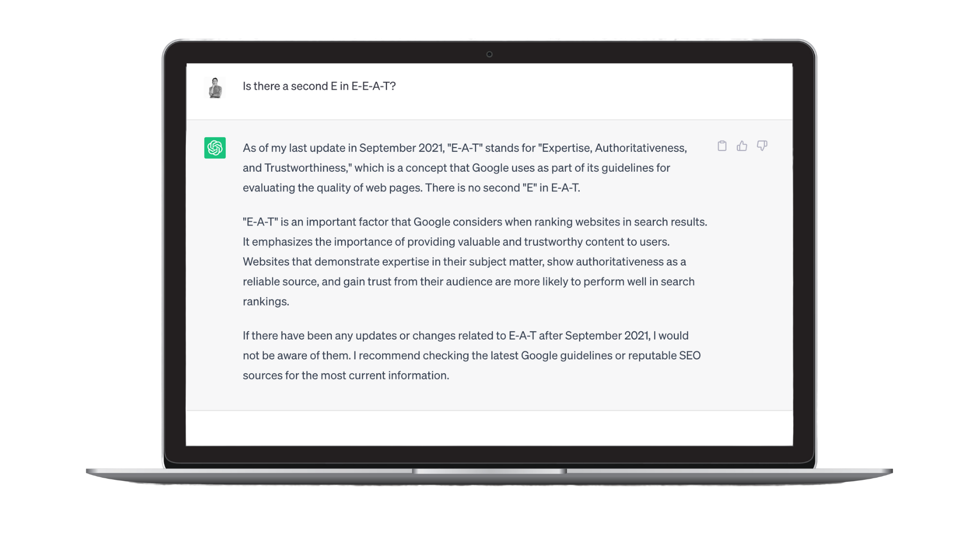 Image of ChatGPT response to Google’s E-E-A-T overlaid on a laptop.