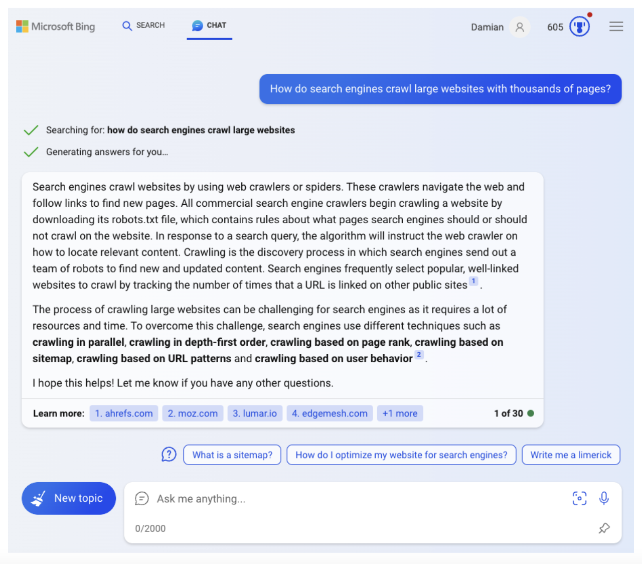 Bing chat offers concise responses to informational queries with footnotes and links to check sources, acting as a super-powered research assistant.