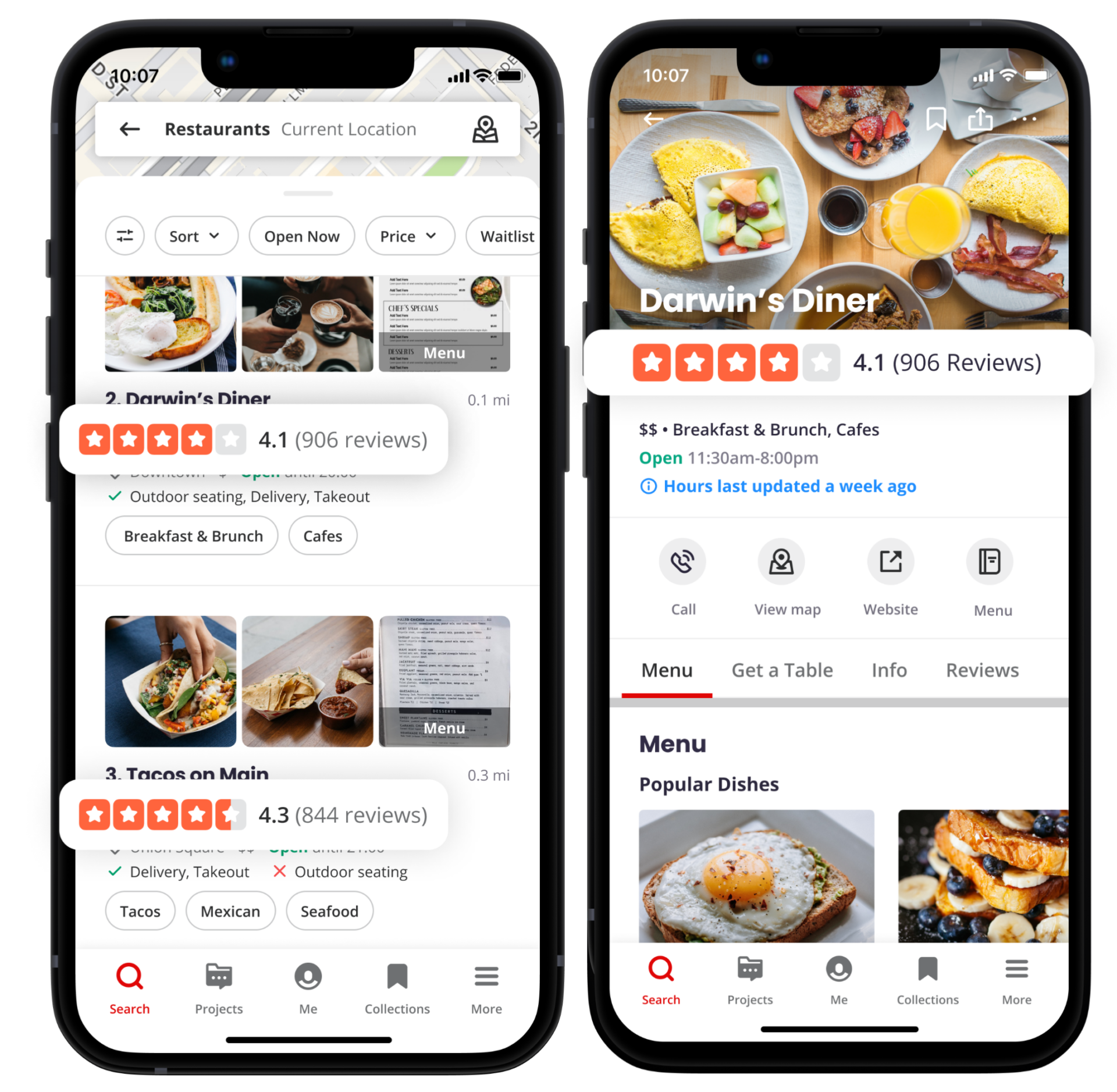 New Yelp updated showing numerical rankings overlayed on smartphones