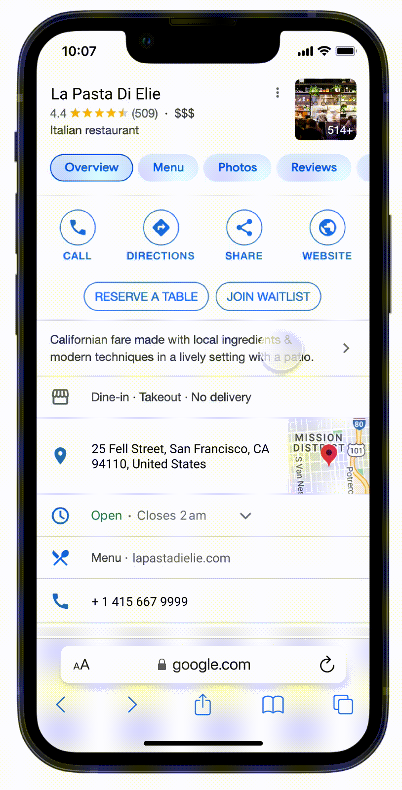 Gif of someone joining a restaurant’s waitlist using Reserve with Google on their smartphone and showing the integration with Yelp.