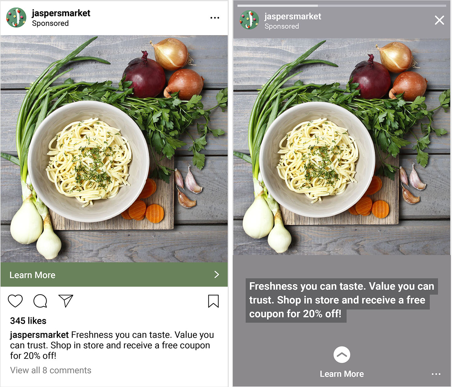 Examples of an Instagram ad in both a story and in the feed
