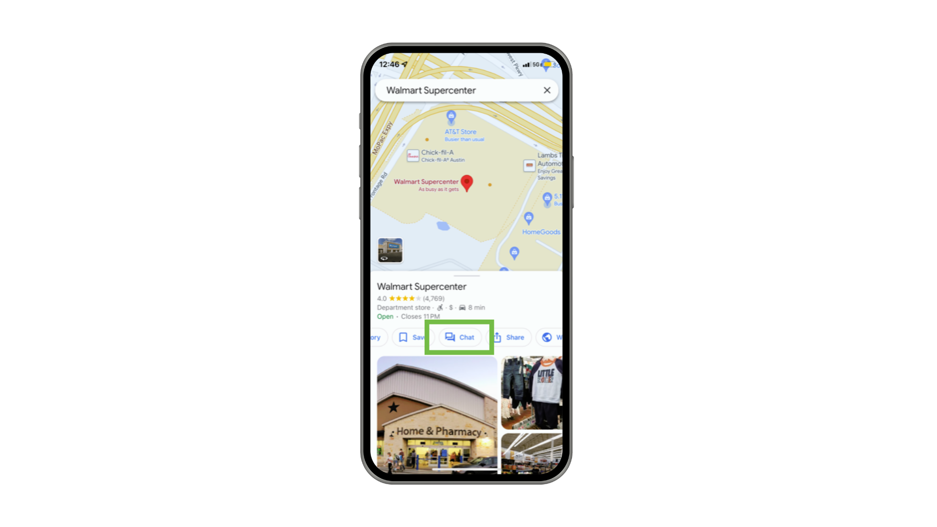 An image highlighting the chat functionality within Google Maps for Walmart