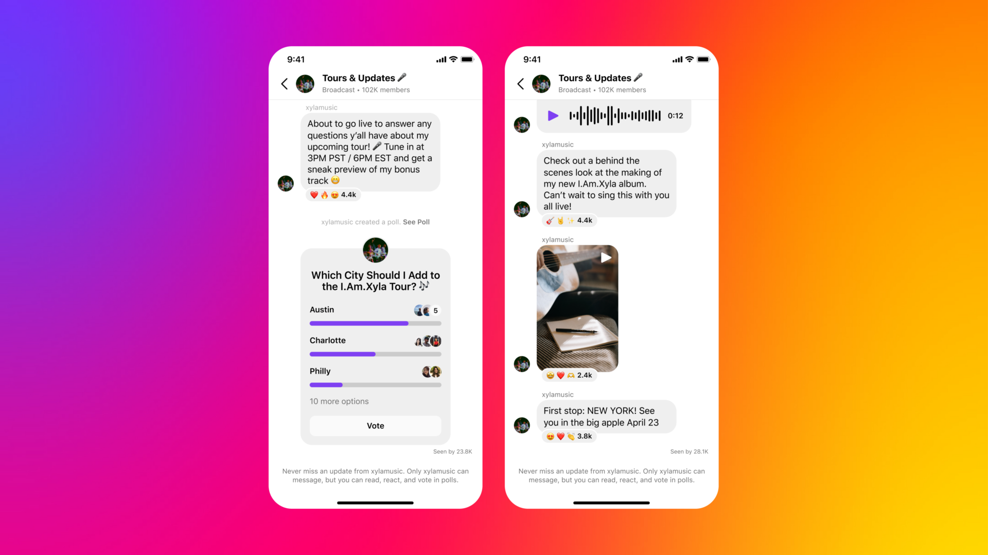 Example of two smartphone screenshots showing Instagram broadcast channels with text, polls, videos, and voice recordings. The background is Instagram’s sunset colors.