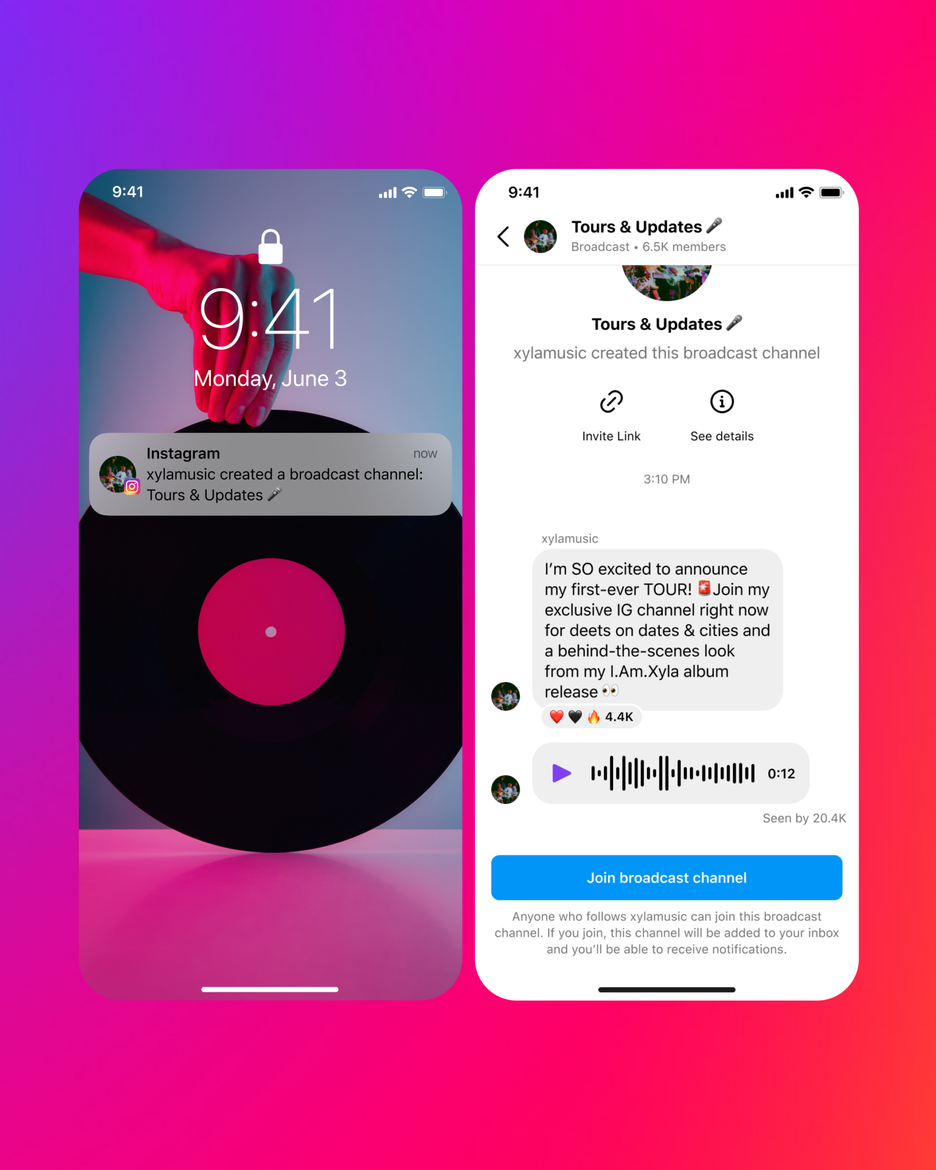 Two phone screens, one showing an Instagram broadcast channel notification and the other showing the ability to join the channel. Both screens are on top of a purple and red background.