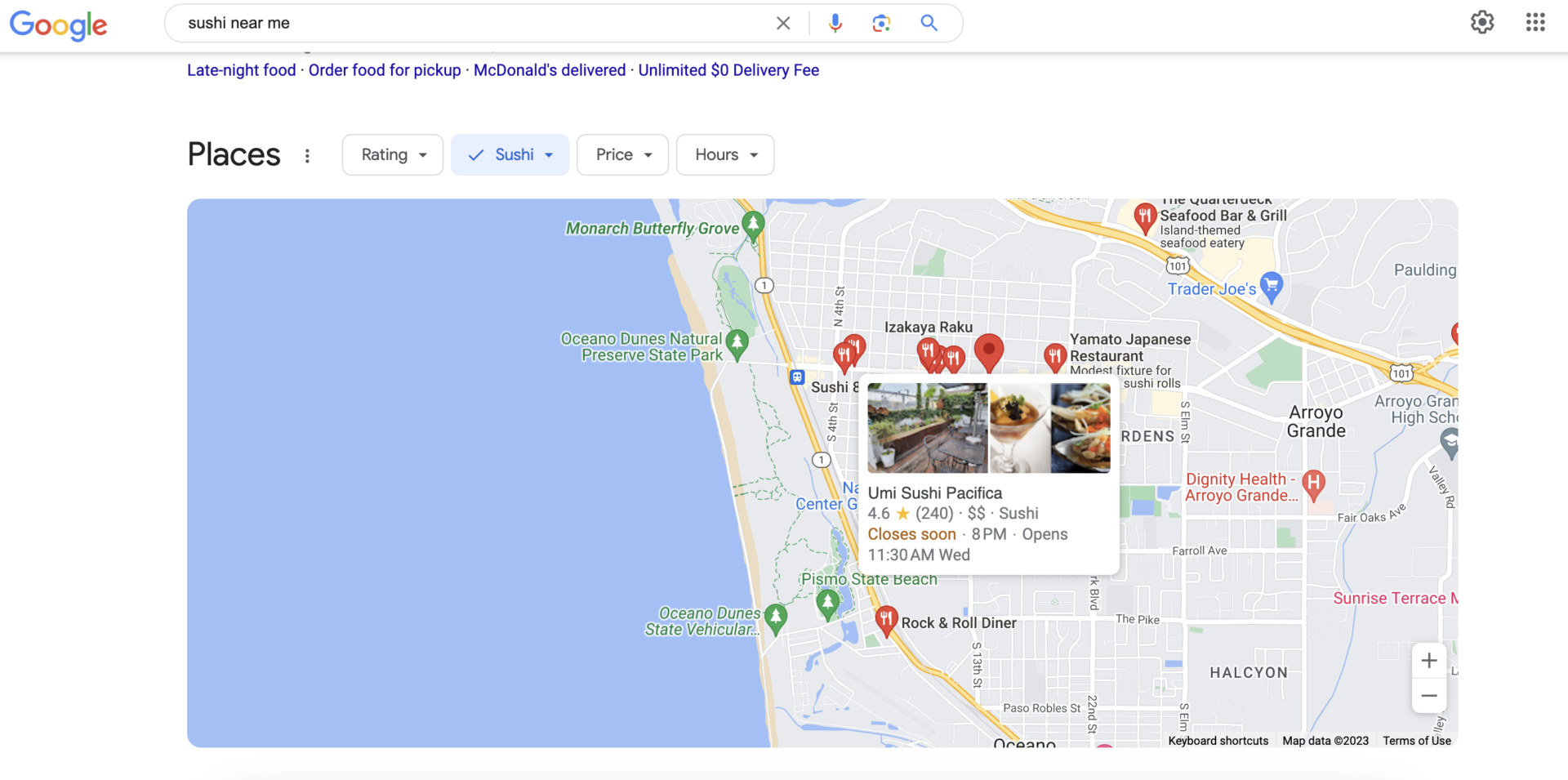 Expanded map view in Local Pack with selected business showing card popup