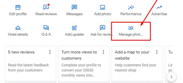 Manage photos button on Google Business Profiles
