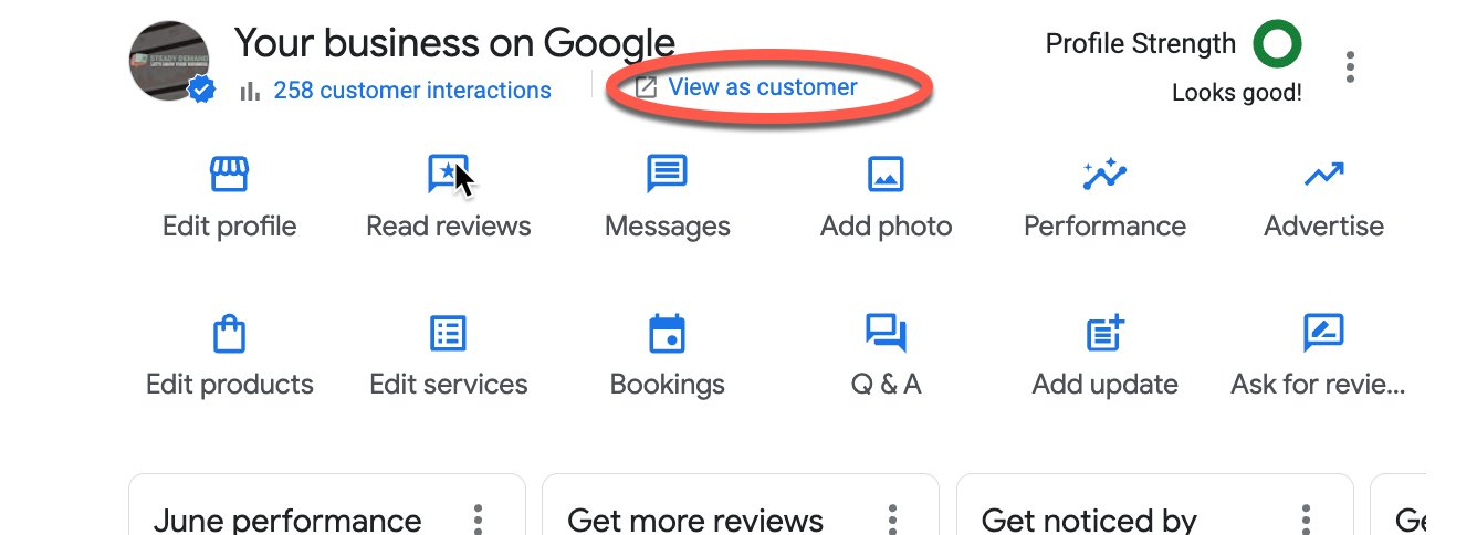 An image showcasing the "View as customer" on a Google Business Profile