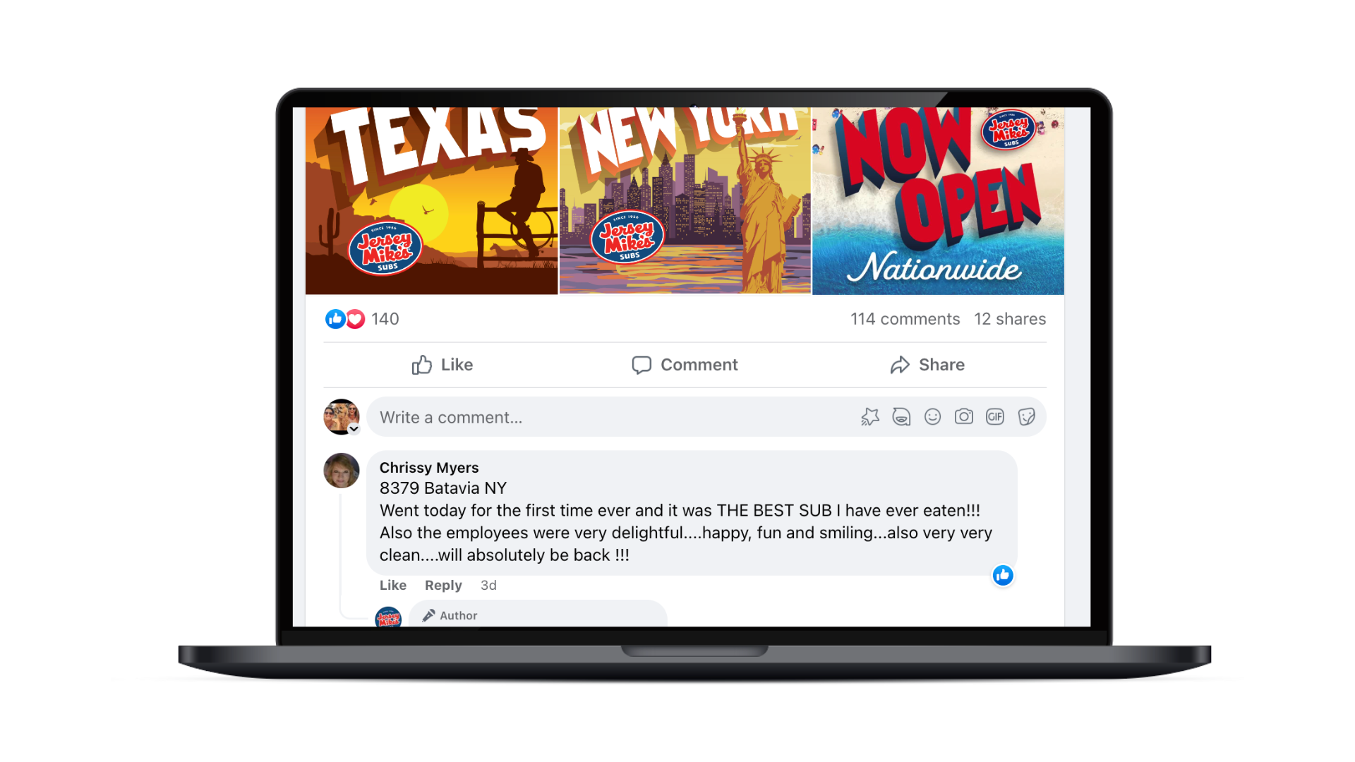An example of positive feedback Jersey Mike's Subs received on a social media post