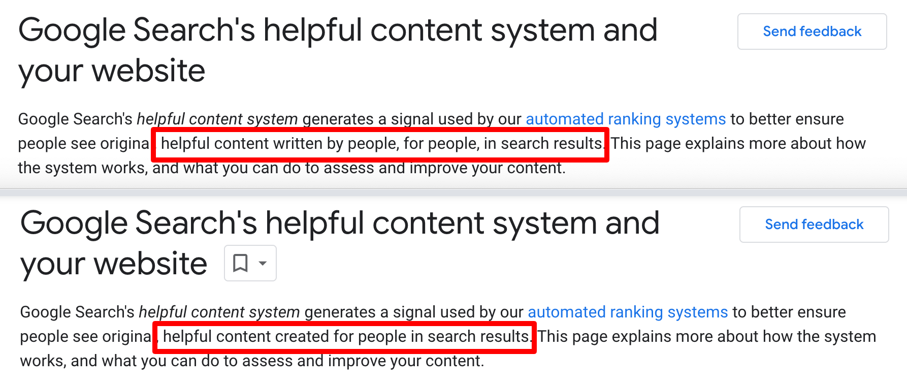 Google’s helpful content documentation before and after the latest update, courtesy Barry Schwartz / Search Engine Roundtable
