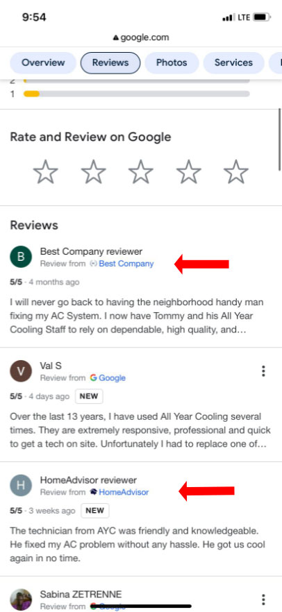 An example of a third party review on a business' Google Business Profile