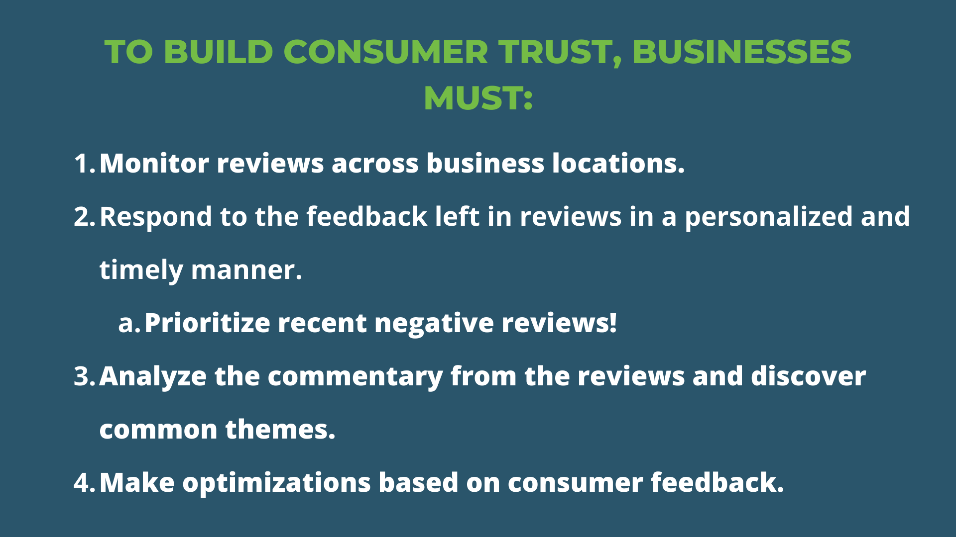 A blue background with white text highlighting four things businesses must do to build consumer trust