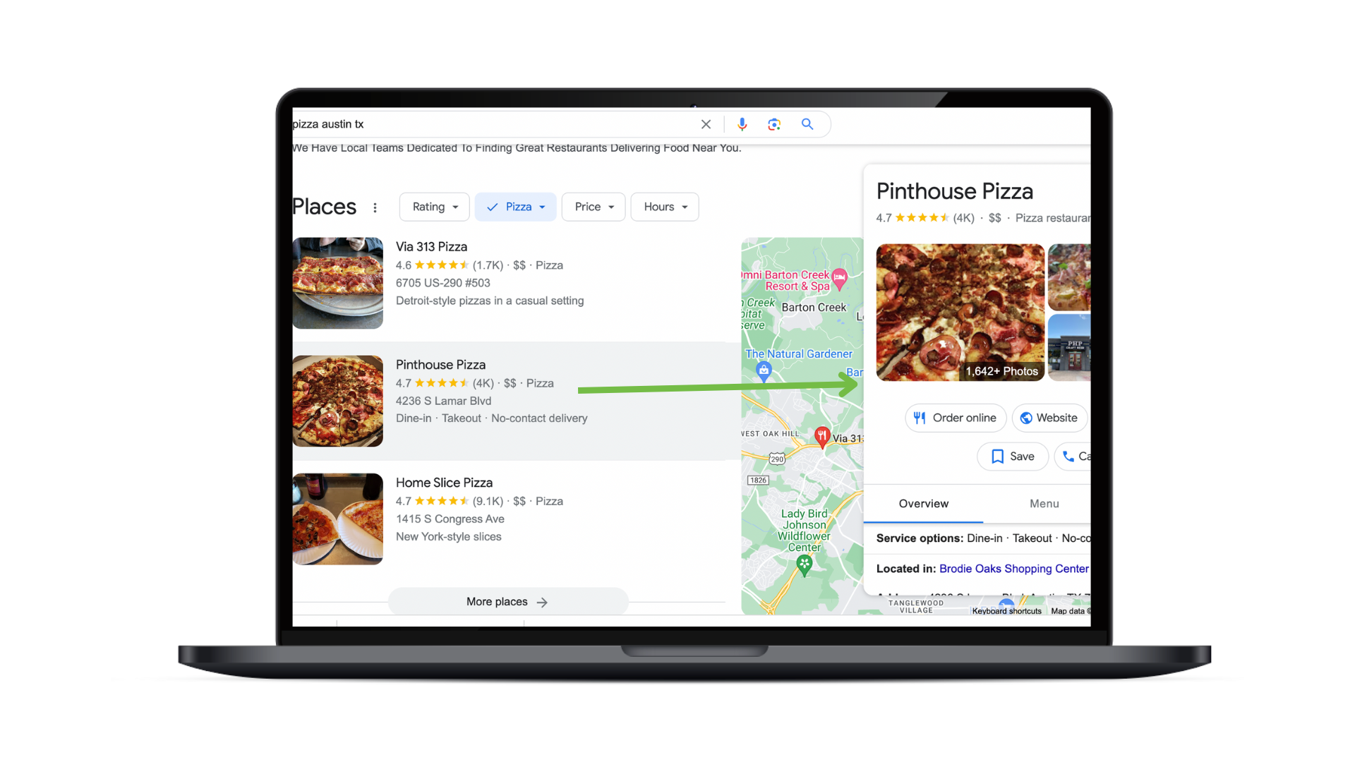 An example of a Google 3-Pack for the search "pizza austin TX"