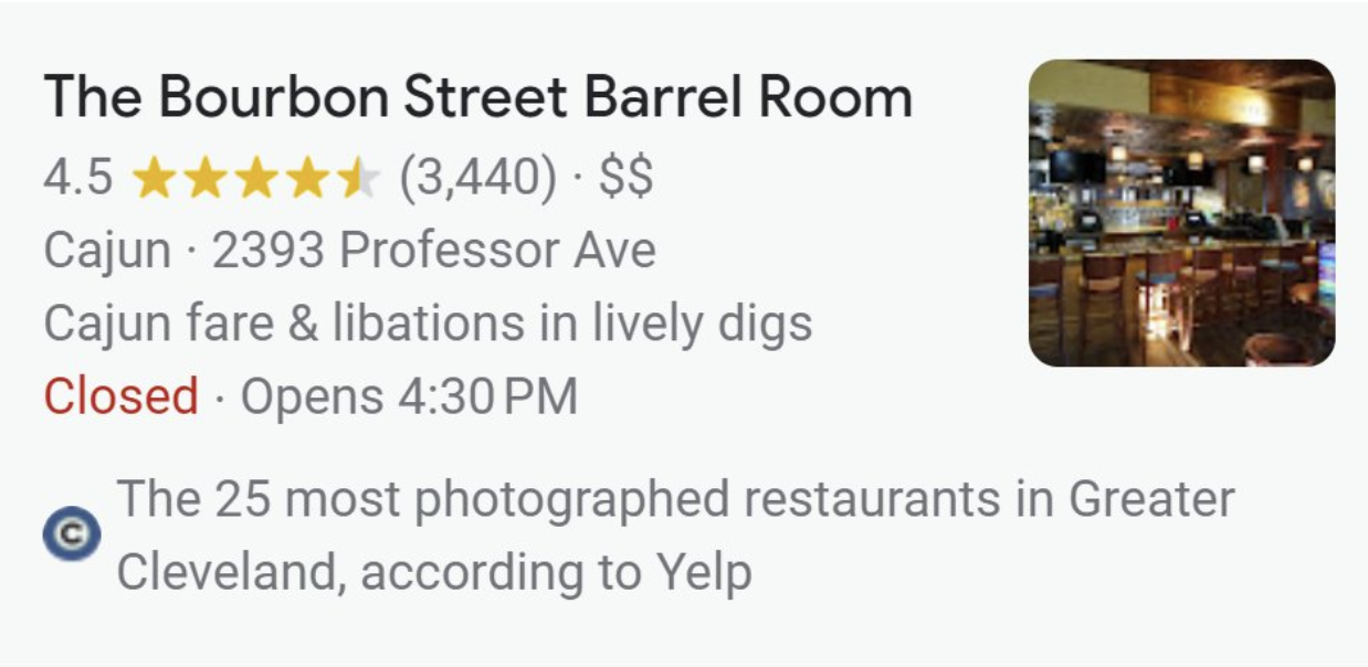 An image showing the GBP for The Bourbon Street Barrel Room with the justification "The 25 most photographed restaurants in Greater Cleveland, according to Yelp.”