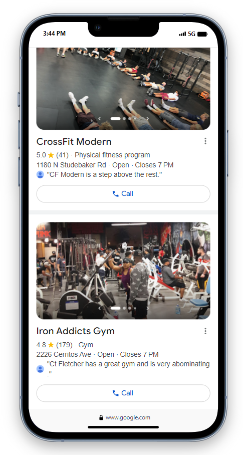 Screenshot of two Google business profiles of gyms overlaid on a smartphone 