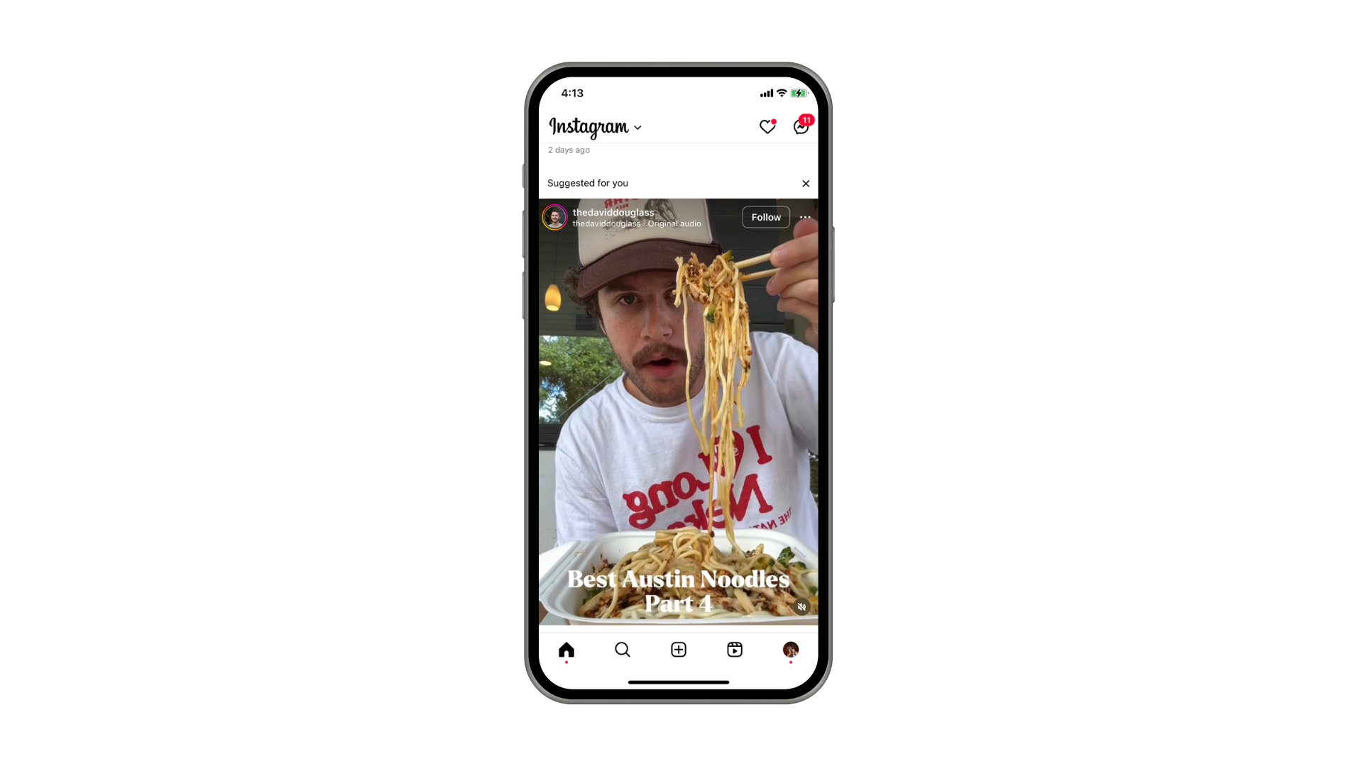 An example of a man on Instagram reviewing noodles he's trying in Austin