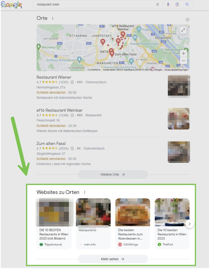 An example of Google testing a list of websites for a "places" search