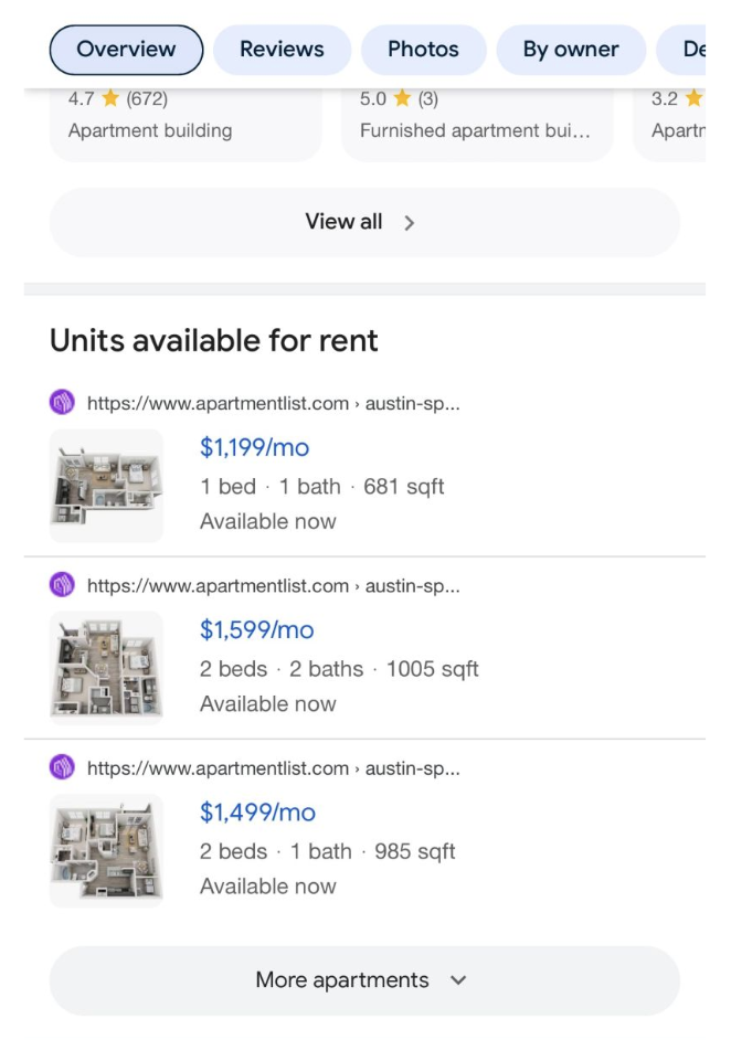 An example of apartment listing's appearing in Google's search results