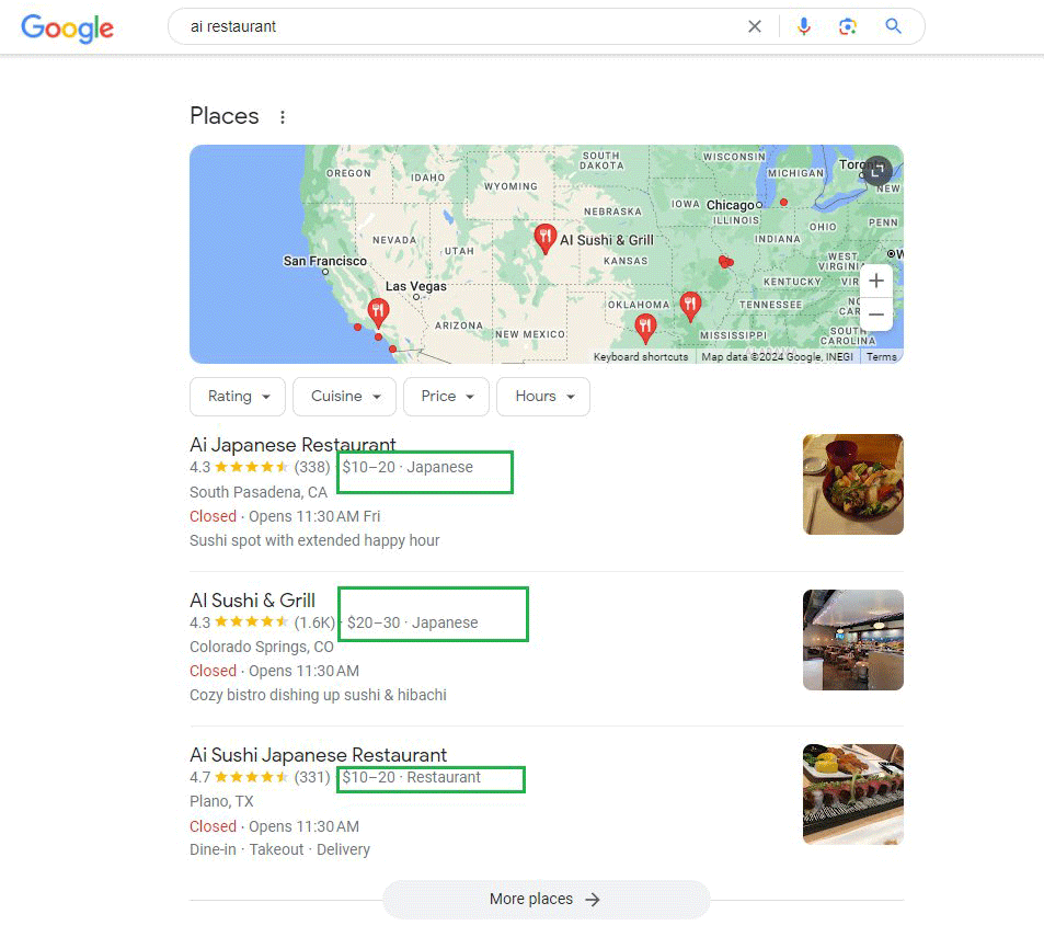 An image showing Google search results that highlight the price ranges of local restaurants