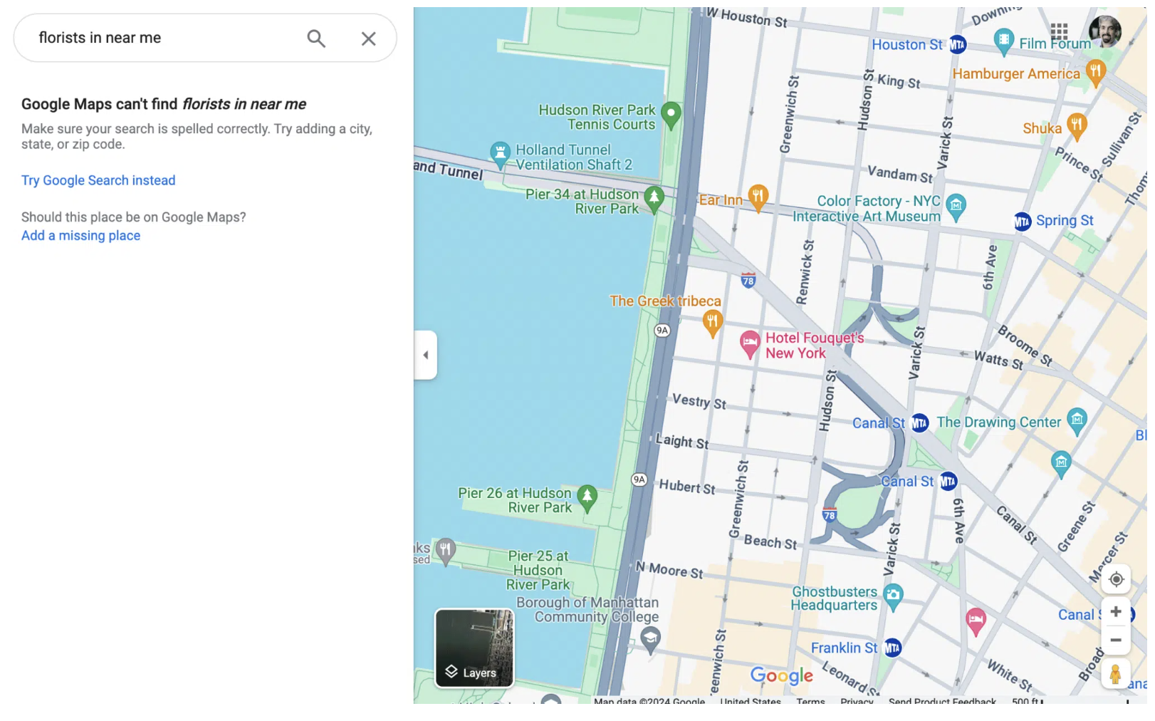 An example of no results in Google Maps for a florist search