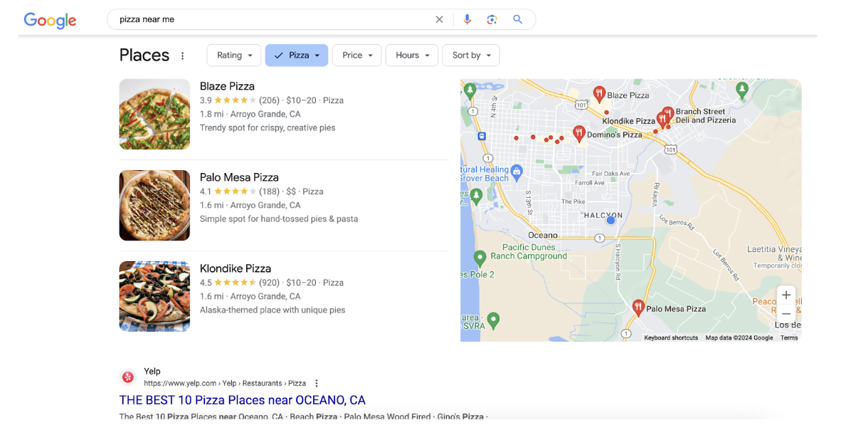 A “pizza near me” search on Monday, February 26 with no “More places” button