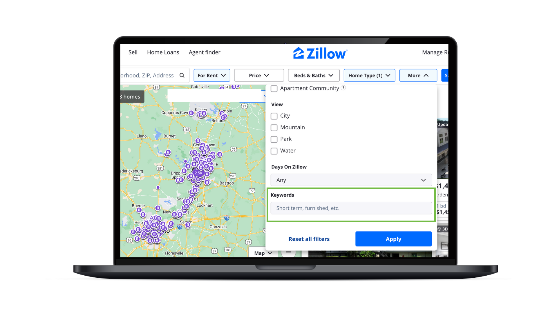 An example of Zillow's website showing where you can add specific keywords for searches