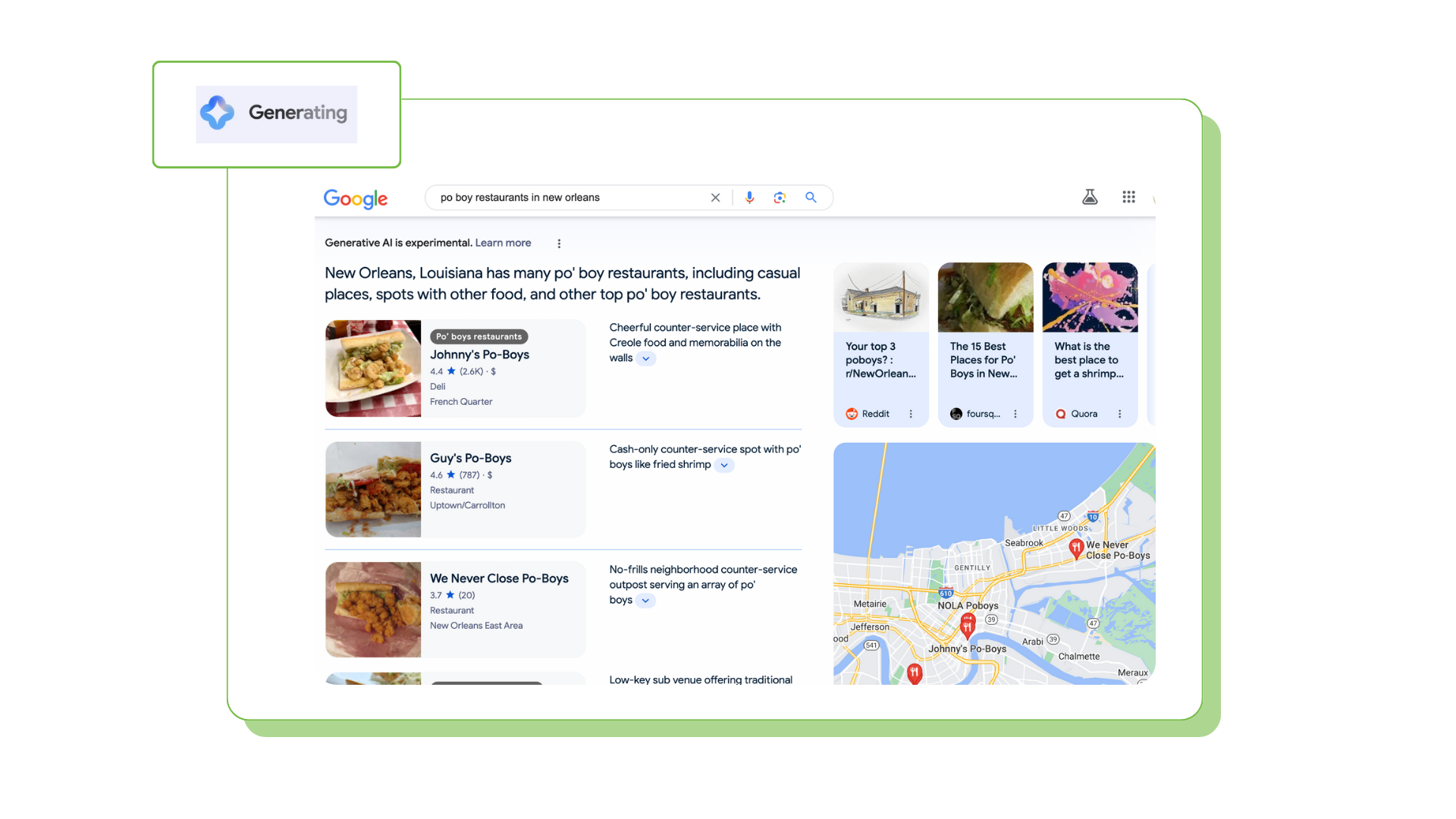 Screenshot of Google’s SGE results when asking for po boy in New Orleans. Results include Google Business Profiles, a map, and online articles and forums.